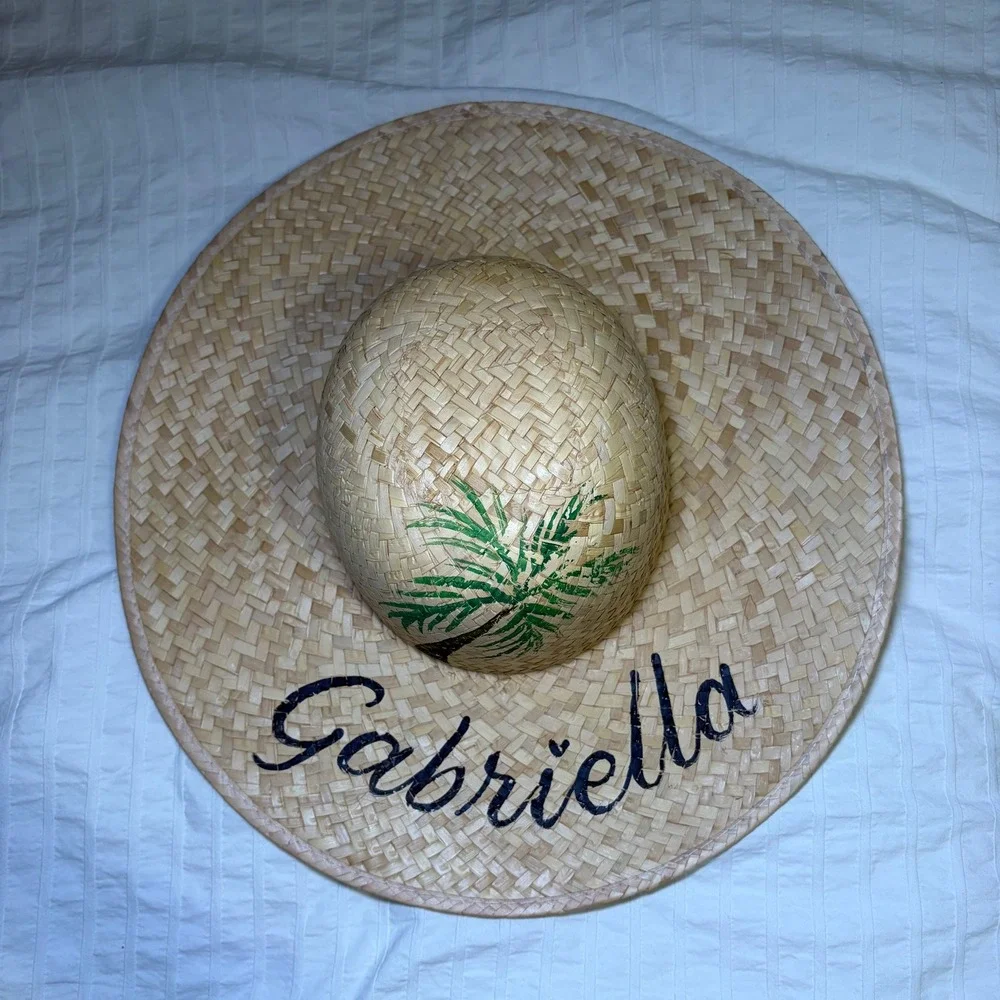 Straw Sun Hat Womens OS Tan Palm Tree Hand Painted Tropical
